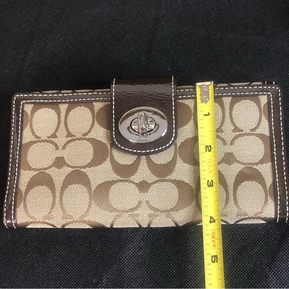COACH Brown Monogram Silver Twist Lock Bifold Wallet with Contrasting Stitch - Picture 9 of 17